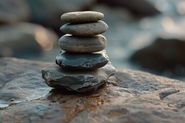 Stack of rocks on a beach. The rocks are black and gray. The rocks are arranged in a pyramid shape. The scene is peaceful and serene