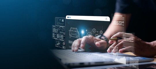 Industrial Engineer and AI, Artificial Intelligence concept, Manager Technical Industrial Engineer people and control robotics with monitoring system software and icon industry, Car EV technology