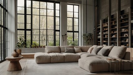 Obraz premium Minimalist, loft home interior design of spacious, airy living room with neutral tones, featuring a large sectional sofa, stylish furniture, and large windows offering natural light. 8k Resolution
