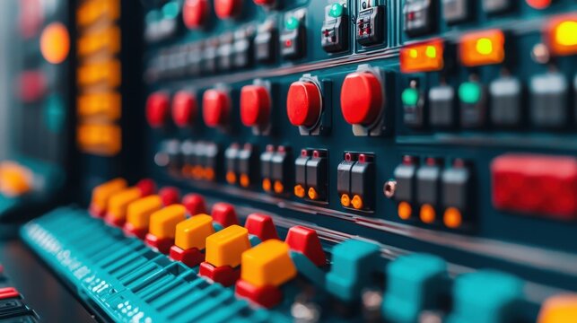 Close-up of control knobs and indicators on an energy distribution board, symbolizing precision in peak energy management, with copy space