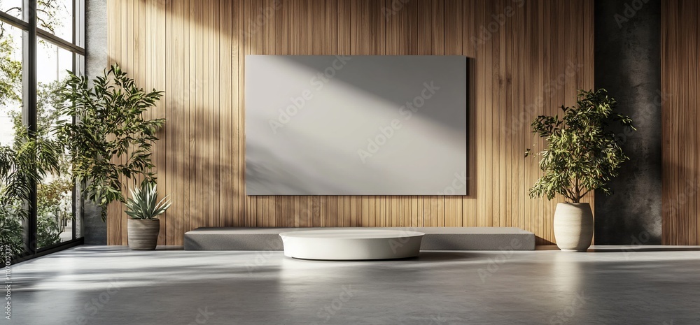 Poster modern interior space with minimalistic design and greenery.