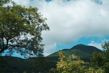 青い空と白い雲と緑の山