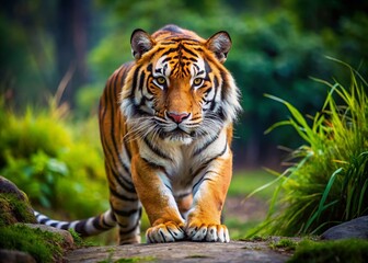 Obraz premium Majestic Crouching Tiger in Nature, Captured in Stunning Detail for Wildlife Enthusiasts and Nature Lovers, Showcasing the Beauty and Power of the Wild Animal