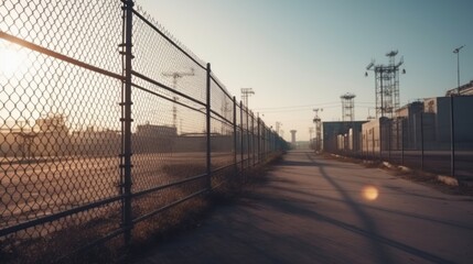 Obraz premium Sunrise at the Industrial Complex: A Long Path Enclosed by Chain-Link Fence