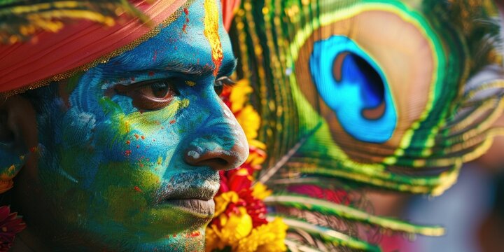 Man with blue face paint and a peacock feather on his head. The man is wearing a blue mask and a blue headband