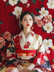 Woman wearing a kimono sits in front of a red floral background. Concept of elegance and cultural appreciation