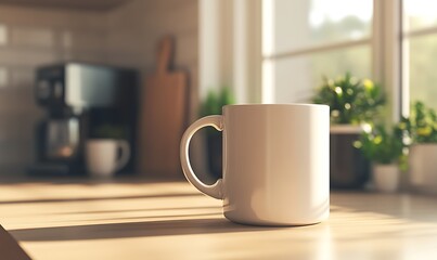White Coffee Mug Sits On Wooden Kitchen Counter
