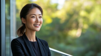 Happy businesswoman looking out window, smiling.