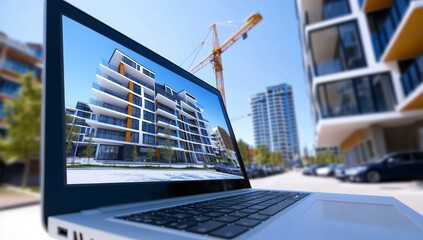 Laptop displaying architectural drawing of apartment buildings