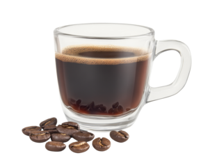 High-Quality PNG of Black coffee in glass cup and coffee beans Isolated on White Background – High Resolution