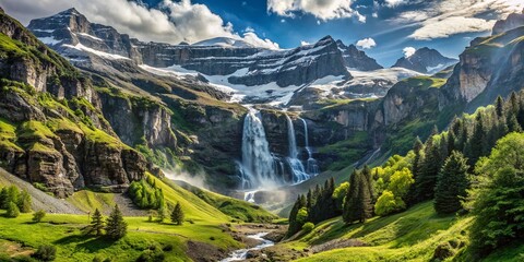 Naklejka premium Majestic Gavarnie Falls in the French Pyrenees Surrounded by Lush Meadows and Snow-Capped Peaks, Capturing the Beauty of an Alpine Wonderland in Nature's Splendor