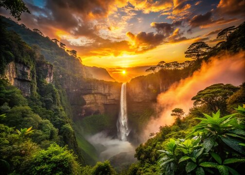 Majestic Gocta Waterfall in the Heart of the Peruvian Jungle: A Stunning Silhouette at Sunset Surrounded by Lush Greenery and Dramatic Skies for Nature Lovers and Adventure Seekers