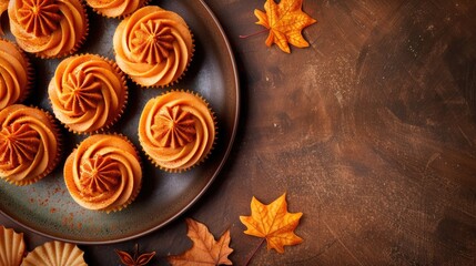 Plate with mini pumpkin cakes on brown backdrop