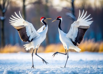 Majestic Grus japonensis Courtship Dance in Japan's Cold Landscape: Stunning Drone Capture of Red and White Cranes Engaging in Beautiful Mating Behavior