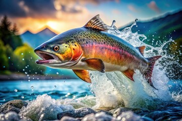 Naklejka premium Salmon Leap Double Exposure Splash Water Photography - Nature Wildlife Aquatic Animal Image