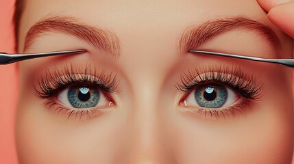 Obraz premium Close up of a womans eyes with tweezers near eyebrows