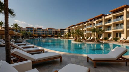 Fototapeta premium Luxury resort pool with sun loungers and buildings.