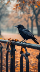 A black crow perched on a railing in an autumn park, surrounded by fallen leaves.