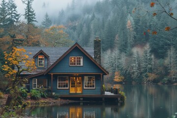 Fototapeta premium Cozy lakeside cabin surrounded by autumn foliage and foggy mountains in a serene natural setting