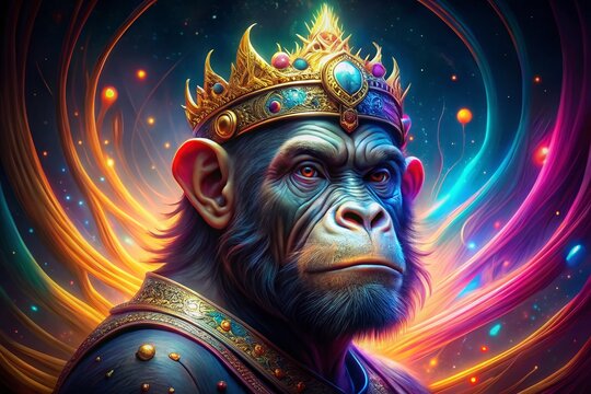 Majestic King Ape Character with Crown in NFT Style Surrounded by Colorful Long Exposure Effects and Abstract Backgrounds, Perfect for Digital Art and Gaming Enthusiasts
