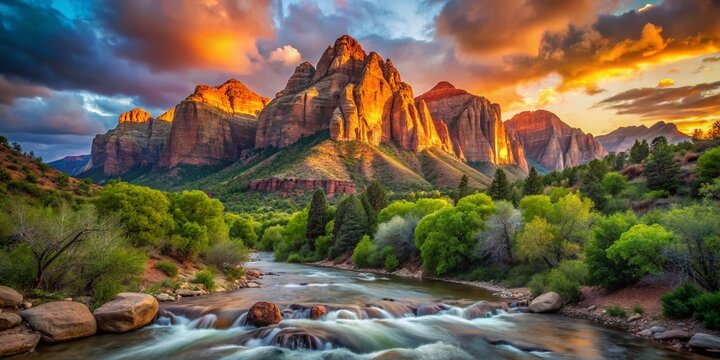 Majestic Long Exposure of Sandstone Mountain Summits Overlooking the Scenic Beauty of Kolob Canyons in Zion National Park, Utah, Showcasing Nature&rsquo;s Breathtaking Landscapes