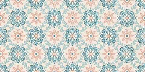 Seamless pattern of stylized floral designs in teal and peach on a cream background, ideal for textile prints and surface designs.