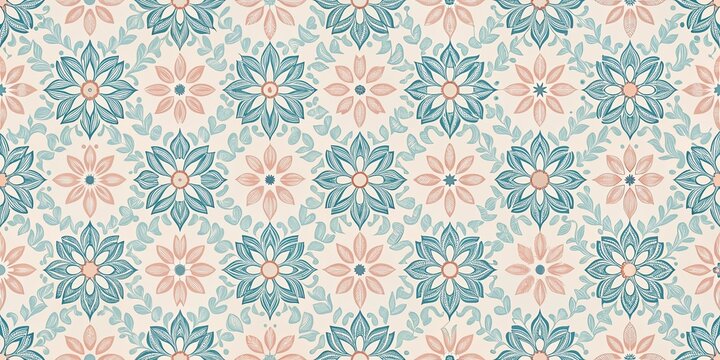 Seamless pattern of stylized floral designs in teal and peach on a cream background, ideal for textile prints and surface designs.
