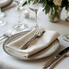 A perfect place setting at a dinner party, with a beautifully folded napkin and silver cutlery.

