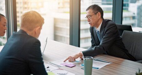 Meeting, document and business people in office for finance, profit or capital gain report. Discussion, paperwork and financial advisors with stakeholder for company investment agreement in Japan.