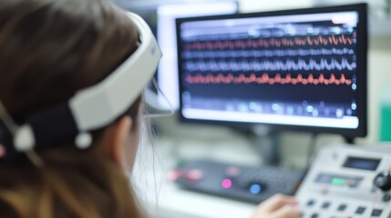 A clinical neurophysiologist conducting brainwave monitoring in a neurophysiology lab, with EEG equipment and brain monitoring setting visible, Neurophysiology monitoring style