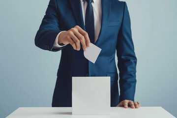 Cropped image of man putting voting card into ballot box on grey background. Man Casting a Vote. Concept of Democracy and Civic Engagement. Generative AI
