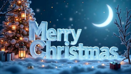 Snowy Christmas Landscape with Moonlight and Festive Lanterns