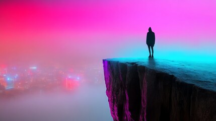 Hooded figure standing at cliff overlooking futuristic city