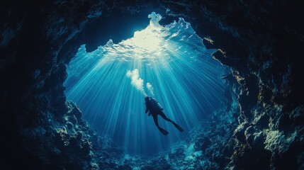 Scuba diver silhouette exploring underwater cave with dramatic sunbeams piercing through crystal clear turquoise water, creating ethereal light rays in mysterious marine environment