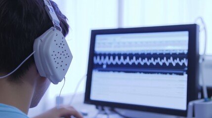 A clinical neurophysiologist conducting EEG tests on a patient in a neurophysiology lab, with EEG monitoring equipment and brain wave analysis visible, Neurophysiology style