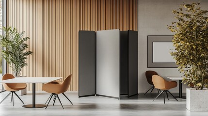 Modern office space with partitions, seating, and greenery.
