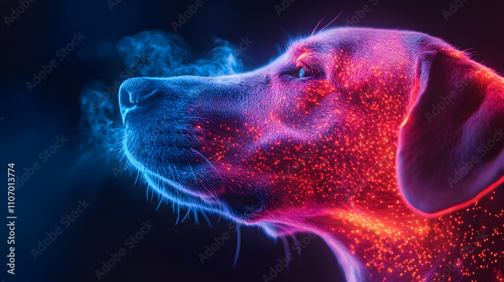 Poster A digital artwork of a dog illuminated with vibrant colors and glowing effects.