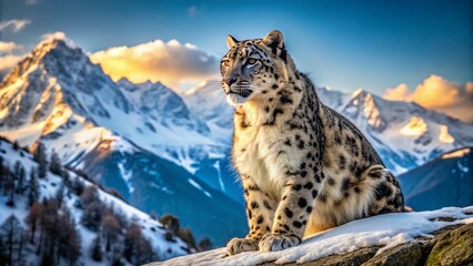 Fototapeta premium Majestic Snow Leopard Gazing Proudly Left in Candid Wildlife Photography Capturing the Essence of Nature's Beauty and Strength in a Serene Mountain Environment