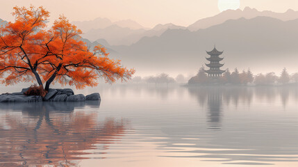 Fototapeta premium Serene Lake Scene with Autumn Tree and Pagoda at Sunrise