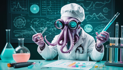An octopus wearing a pastel-white lab coat and goggles, holding test tubes and scientific instruments in its tentacles.