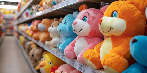 stuffed colorful plush toys in supermarket toy section shelves in row