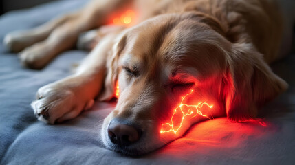 Obraz premium A sleeping golden retriever with glowing red lines around its face.