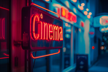 Neon Cinema Sign on Blue Background. Concept of movie, Cinema and Entertainment. Generative AI
