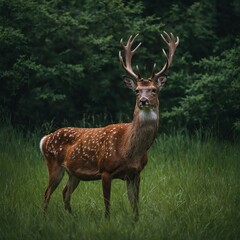 Obraz premium A deer standing in green grass, its antlers tall and majestic.