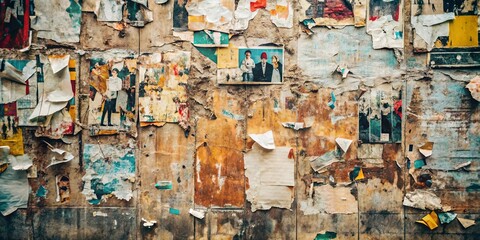 A weathered wall showcasing a collage of layered, faded, and torn posters and photographs revealing a rich tapestry of textures and colors.