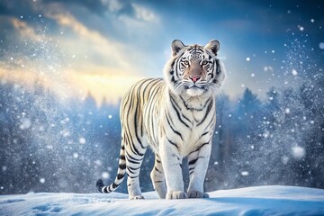Majestic White Tiger Roaming Through a Snowy Landscape, Capturing the Beauty of Winter Wilderness with a Serene and Isolated Atmosphere in the Wild