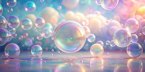 A whimsical display of iridescent soap bubbles floating on a shimmering surface, reflecting soft pastel light
