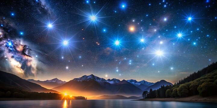 Matariki Event Banner Celebrating the Pleiades Star Cluster with Majestic Mountains in the Night Sky for June Festivities