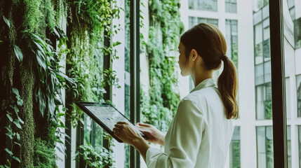 professional woman in sleek office setting examines data on tablet, surrounded by lush greenery. modern design creates refreshing atmosphere