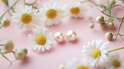 Fototapeta premium Decorative arrangement of flowers and pearls on a soft pink background during daylight